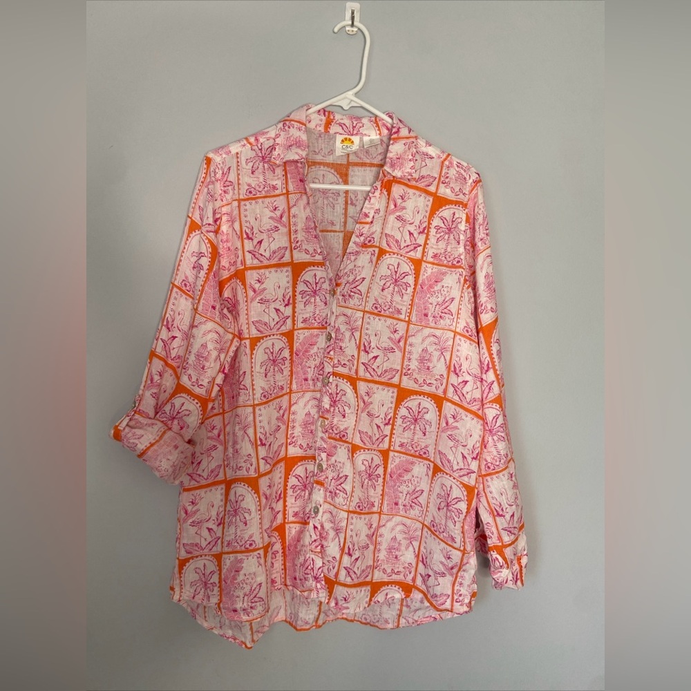 Tropical Fun Print Linen Button Down Long Sleeve Shirt Women’s Sz large Flamingo